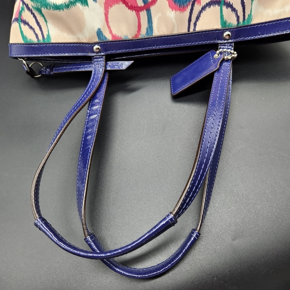 Gently Used Coach Signature Stripe Ikat Print Canvas Royal Blue Trimmed Tote Bag - Picture 11 of 16